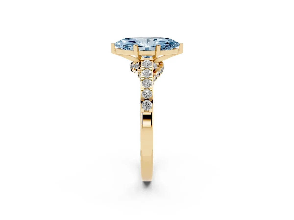 Fancy Blue Marquise Cut Diamond Solitaire Ring with Crossover Gallery and Round Pavé Band Yellow gold