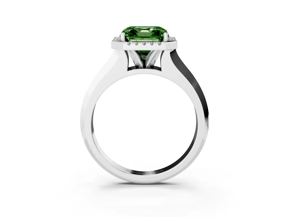 Fancy Green Asscher Cut Halo Diamond Ring with Cathedral Band and Four-Prong Setting White gold