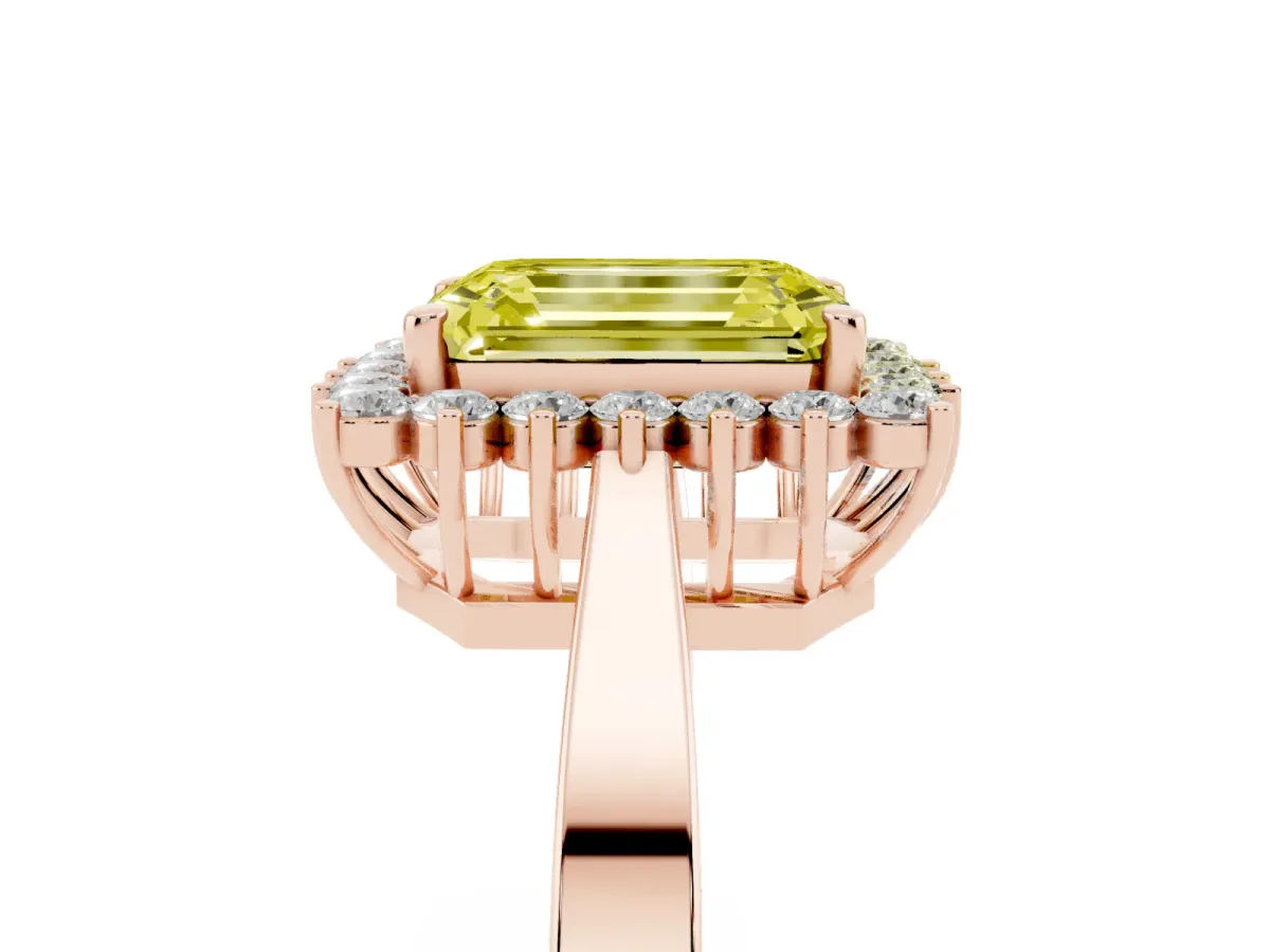 Fancy Yellow Emerald Cut Cut Diamond Halo Ring with Round Brilliant Halo and Solitaire Band Rose gold