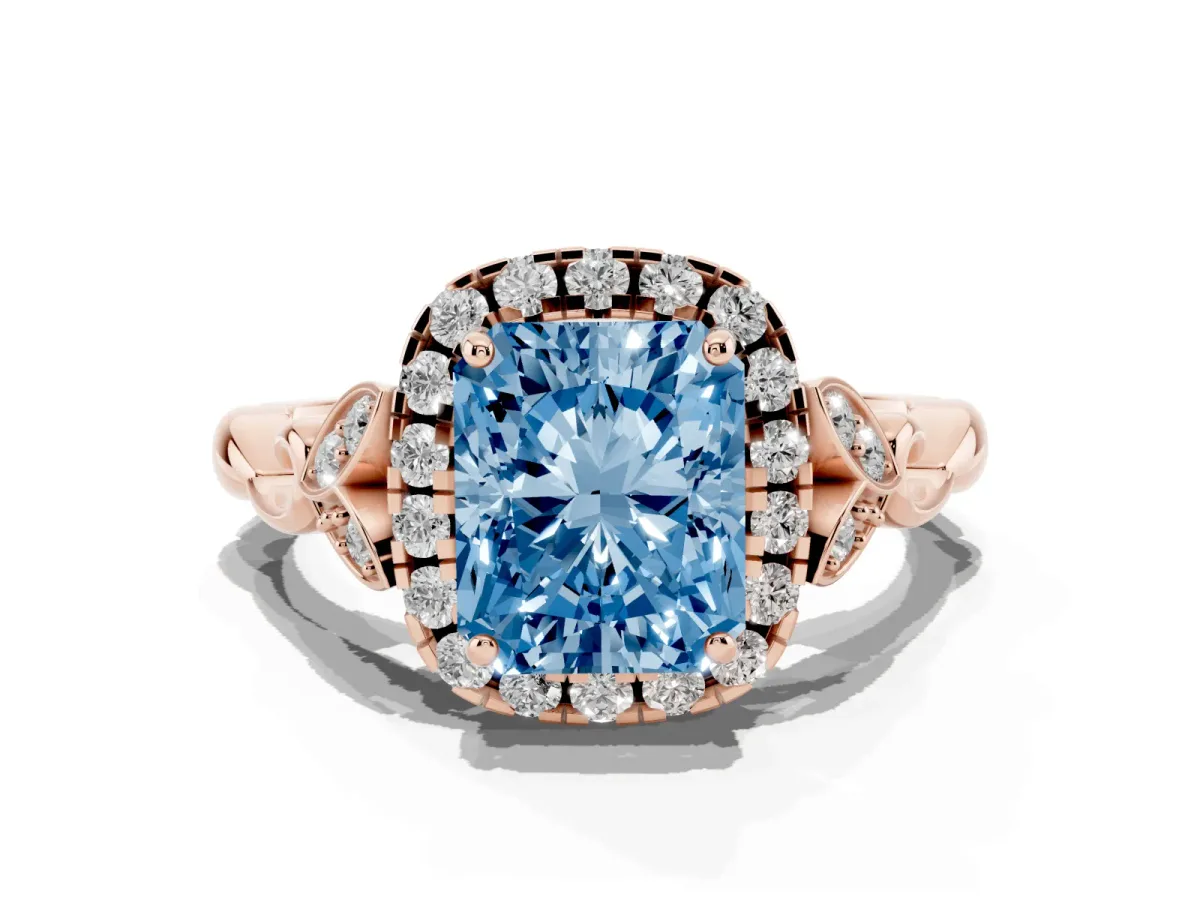 Fancy Blue Radiant Cut Halo Diamond Engagement Ring with Vintage-Inspired Band and Four-Prong Setting Rose gold