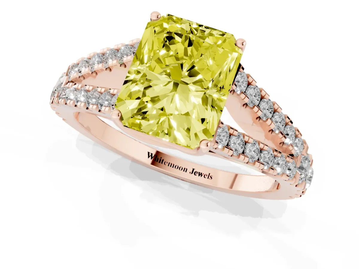 Fancy Yellow Radiant Cut Diamond Split Shank Pavé Engagement Ring with Four-Prong Setting Rose gold