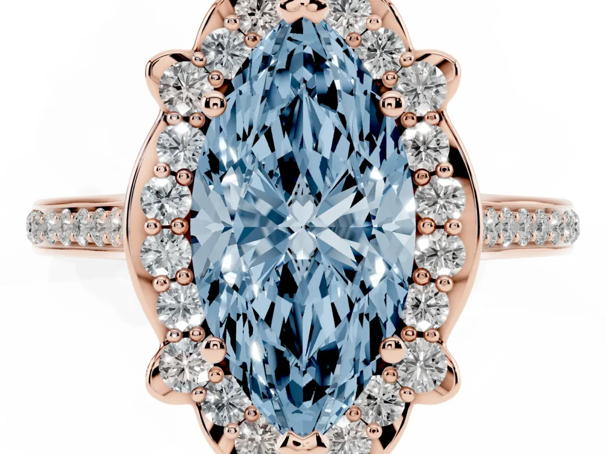 Fancy Blue Marquise Cut Halo Round Diamond Pave Band with Four-Prong Setting Rose gold