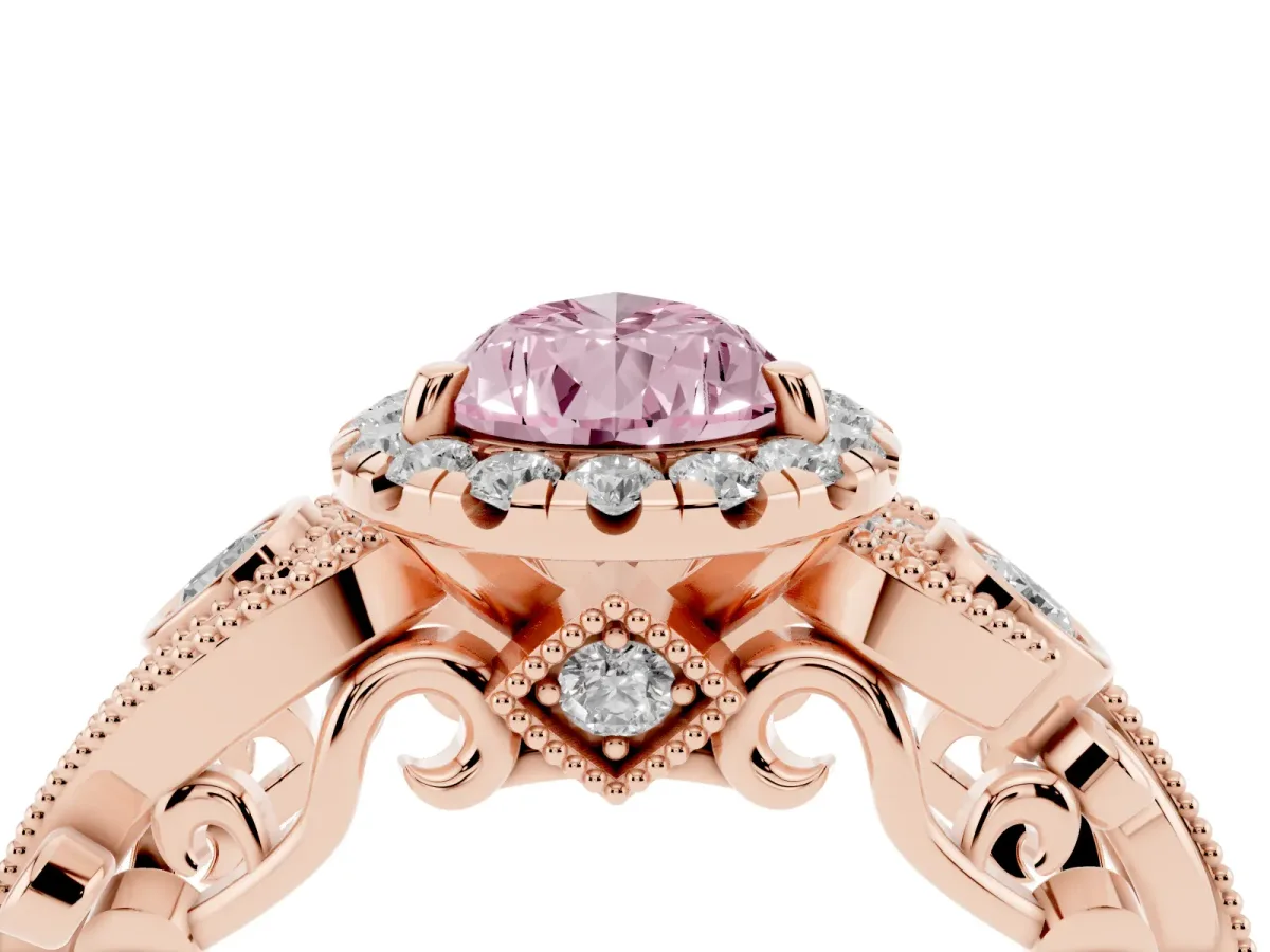 Fancy Pink Pear Cut Diamond Halo Ring with Milgrain Pavé Band and Four-Prong Setting Rose gold