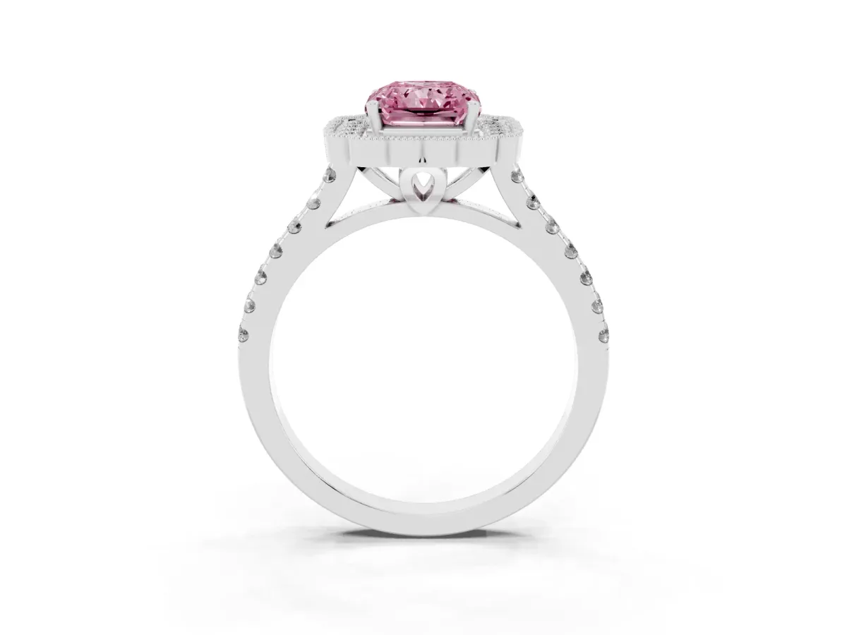 Fancy Pink Radiant Cut Cut Diamond Milgrain Floral Halo Engagement Ring with Pavé Band White gold