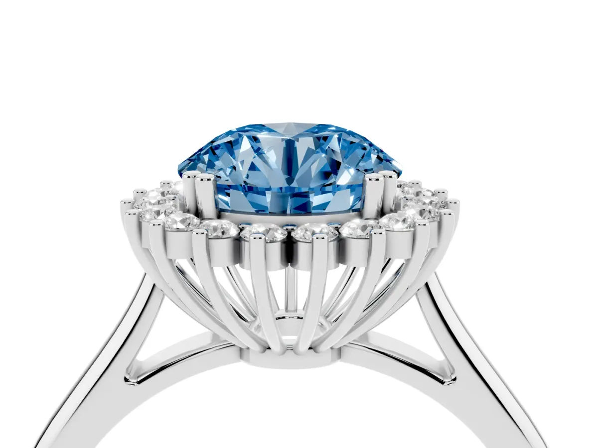 Fancy Blue Round Cut Cut Diamond Halo Ring with Solitaire Band and Prong Setting Silver