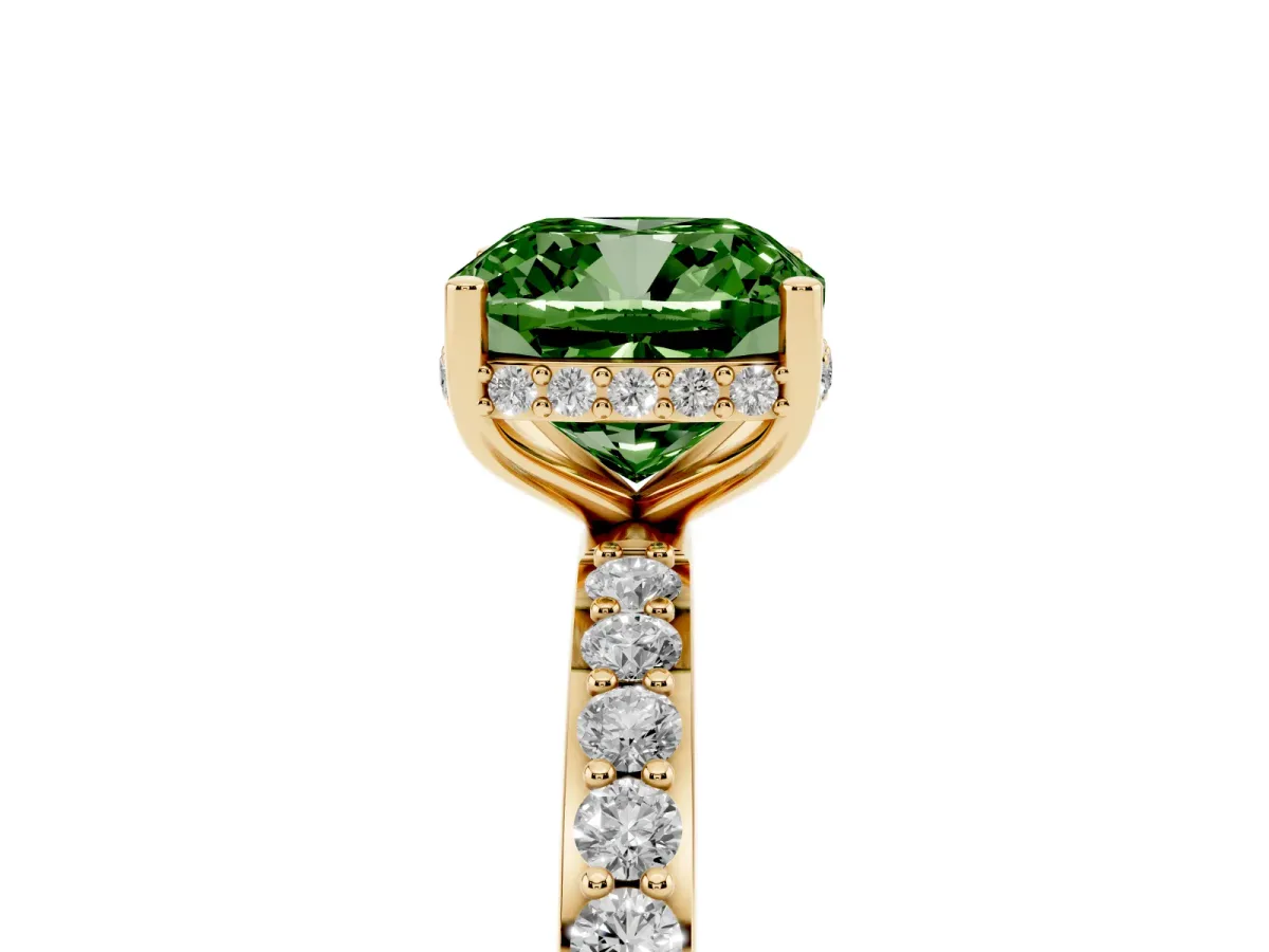 Fancy Green Cushion Cut Diamond Solitaire Ring with Pavé Band and Hidden Halo Yellow gold