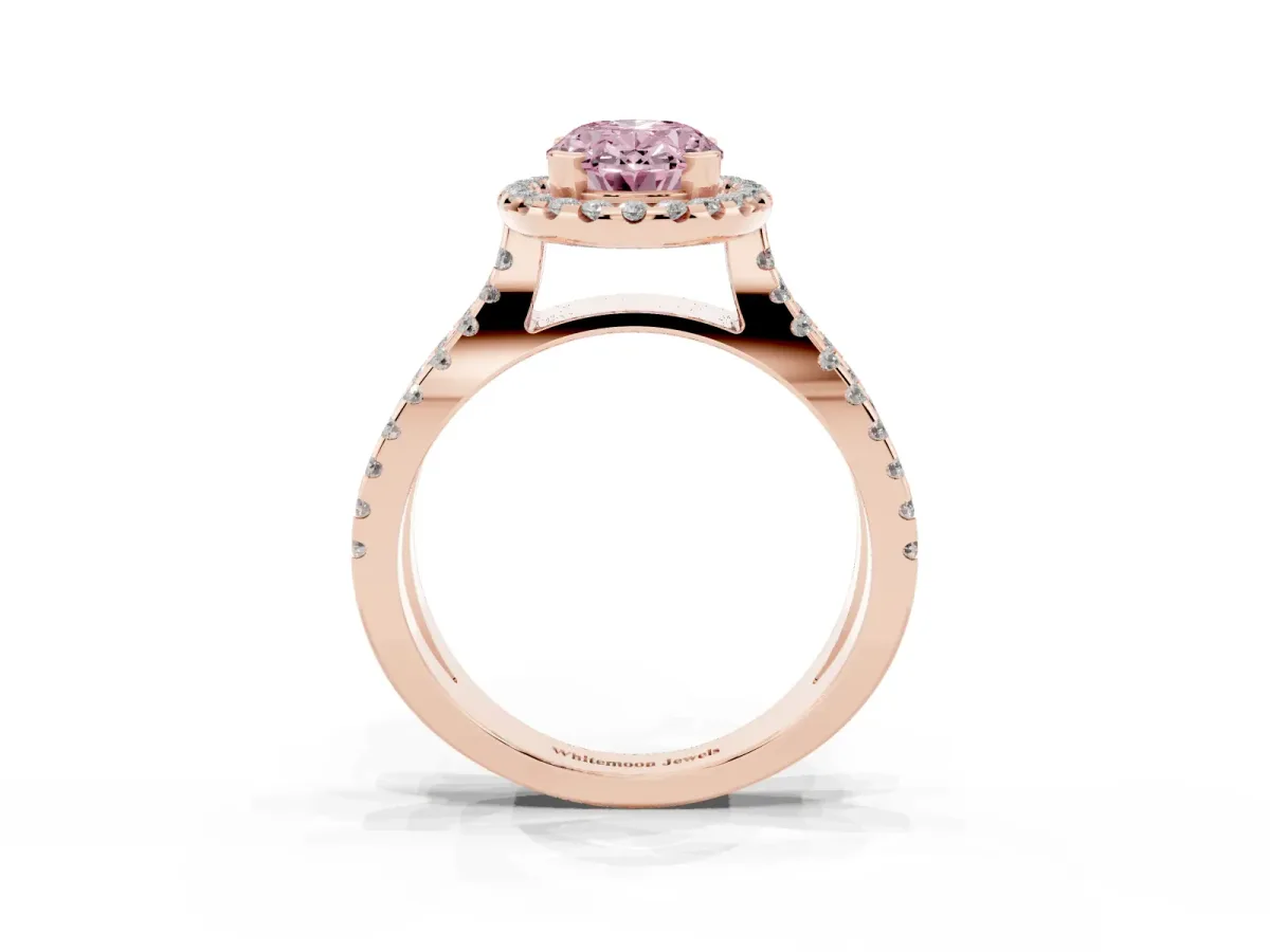 Fancy Pink Oval Cut Diamond Halo Ring with Split Shank Pavé Band and Prong Setting Rose gold