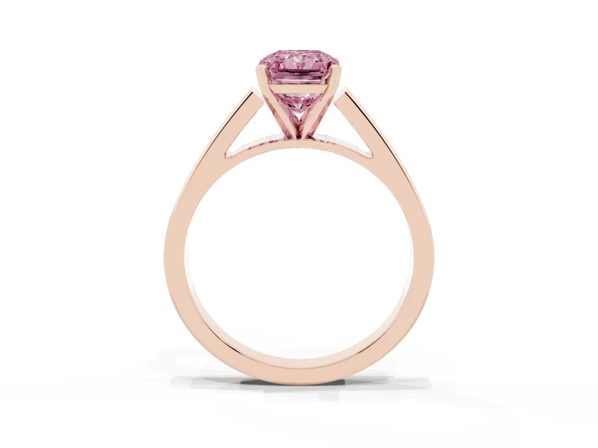 Fancy Pink Radiant Cut Solitaire Engagement Ring with Four-Prong Setting and Tapered Band Rose gold