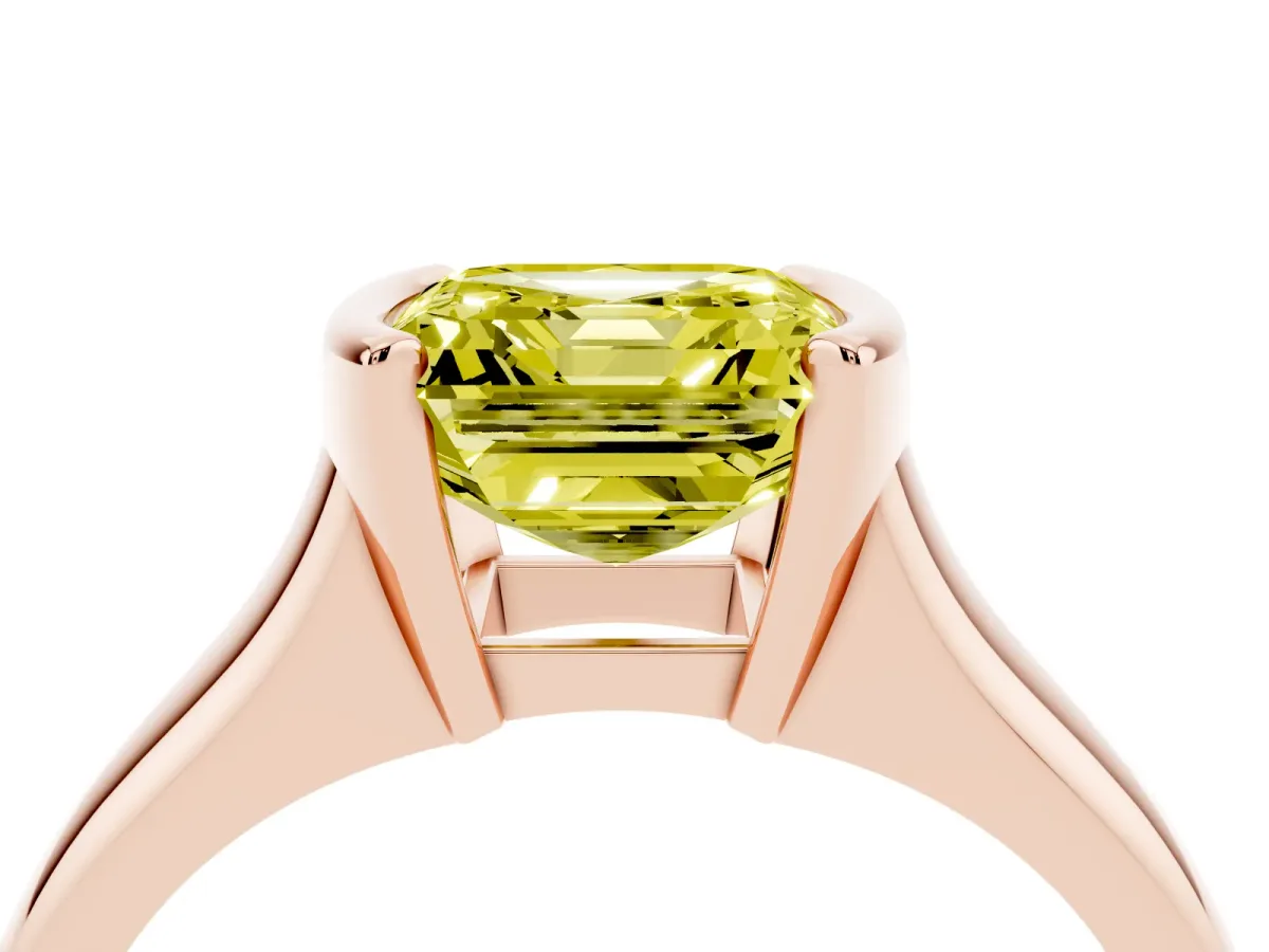 Fancy Yellow Asscher Cut Solitaire Tension Set Diamond Ring with Split Shank Band Rose gold