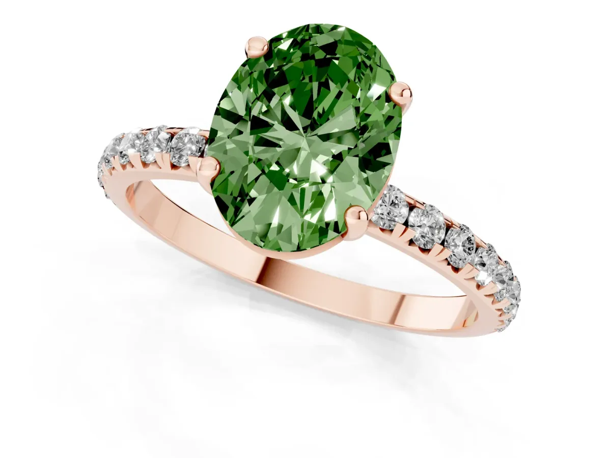 Fancy Green Oval Cut Cut Diamond Solitaire Ring with Micro Pave Band and Four Prong Setting Rose gold