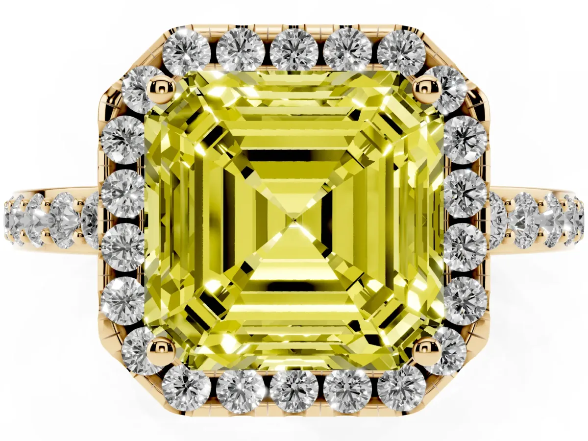 Fancy Yellow Asscher Cut Halo Diamond Pavé Band Ring with Prong Setting Yellow gold