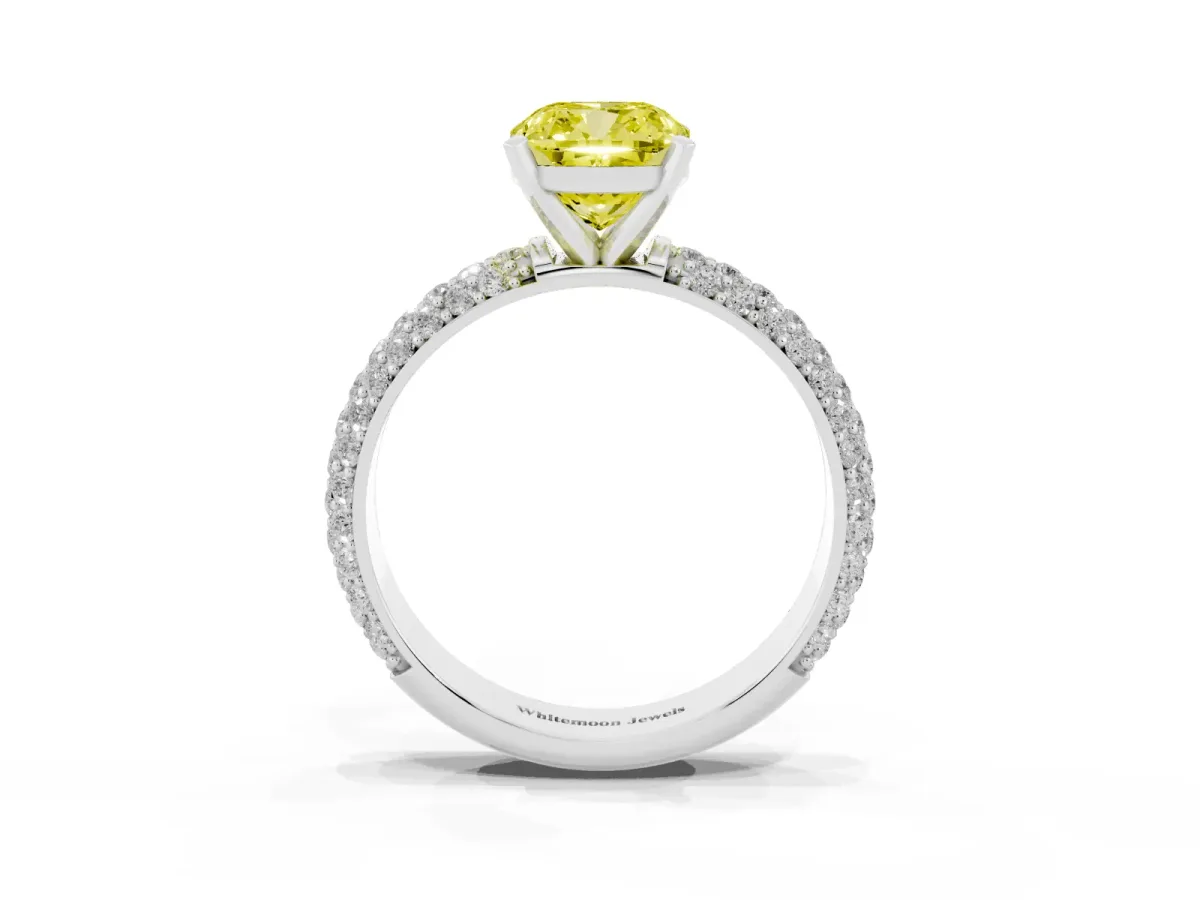 Fancy Yellow Cushion Cut Diamond Solitaire Ring with Prong Setting and Pavé Band Silver