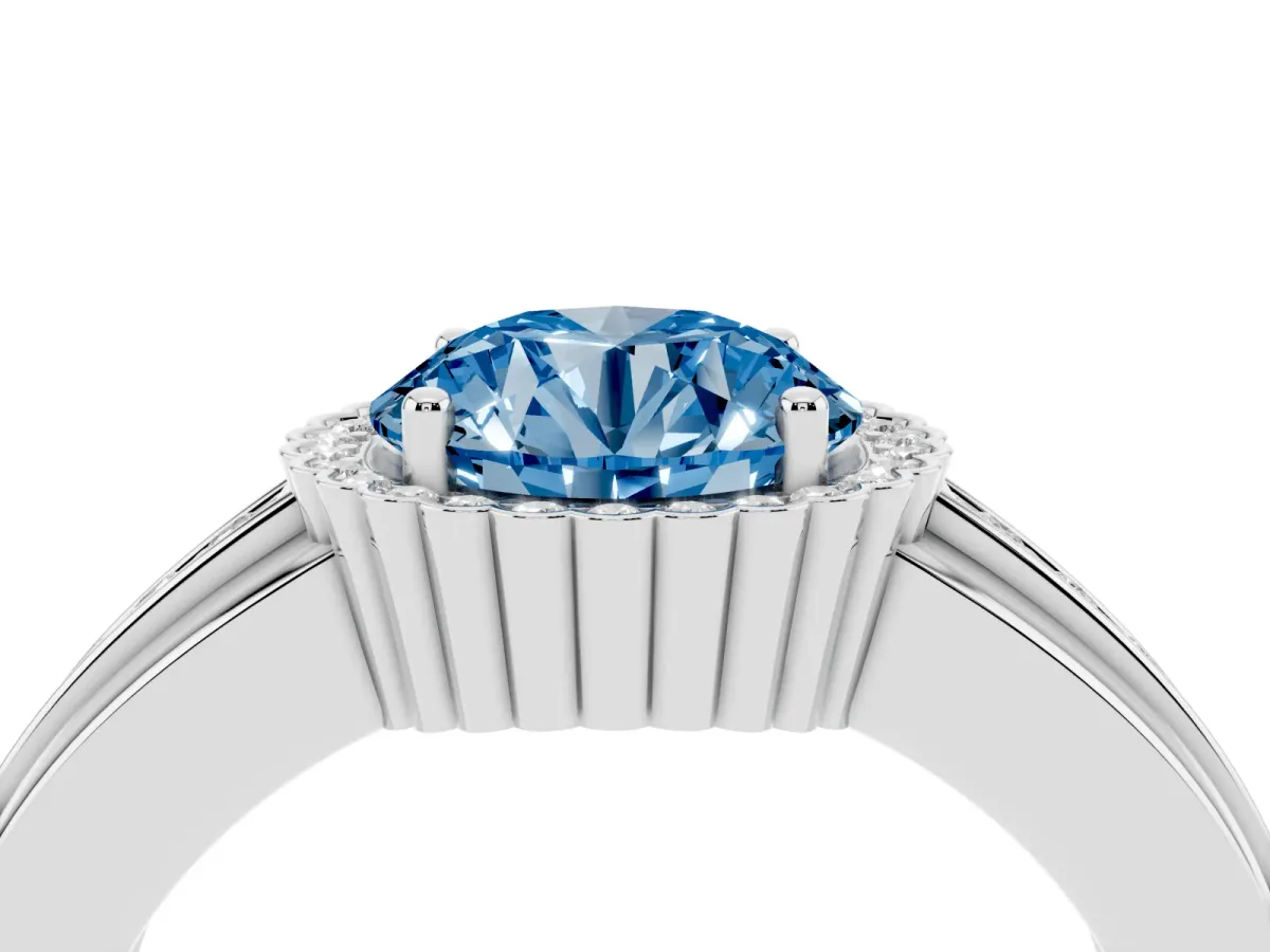 Fancy Blue Round Cut Cut Halo Pave Band Four-Prong Ring Silver