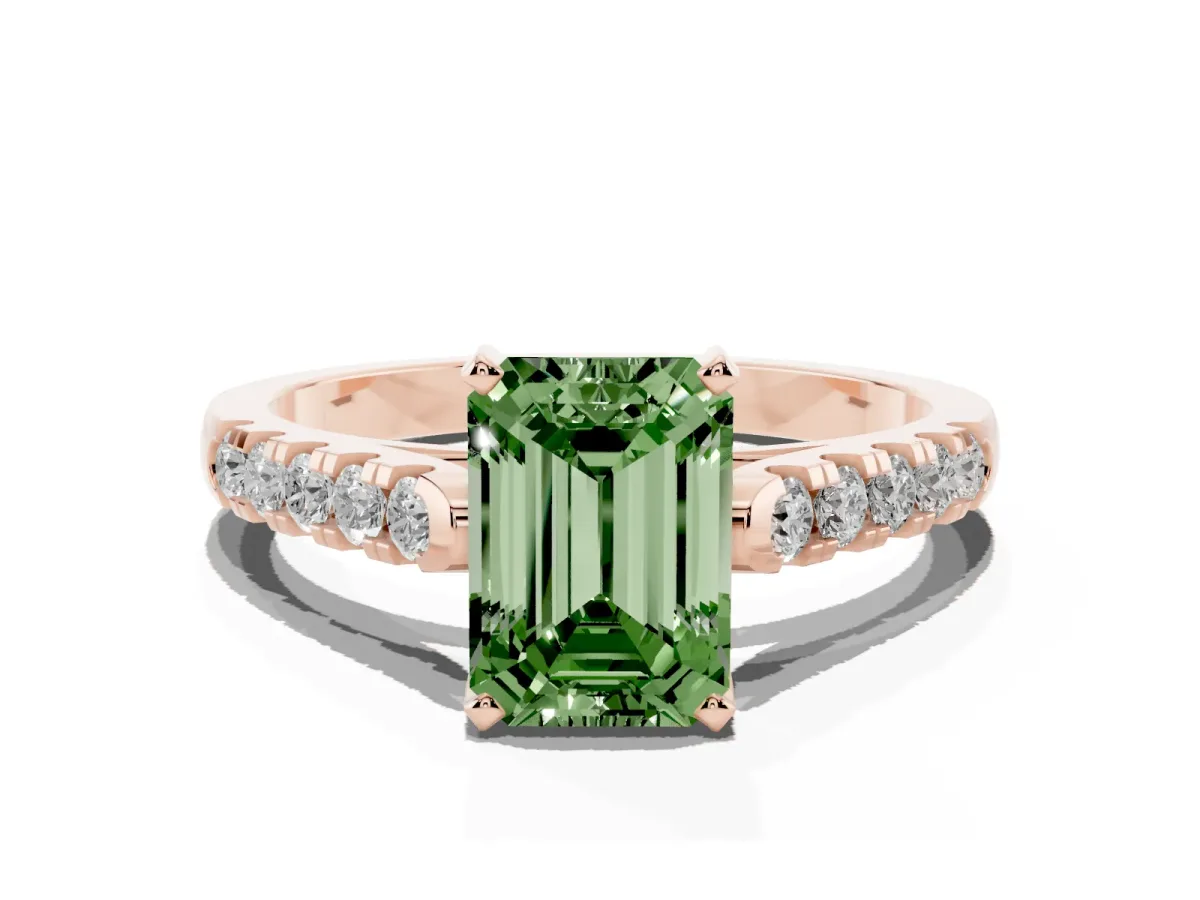 Fancy Green Emerald Cut Diamond Pavé Band Solitaire Ring with Prong Setting Rose gold
