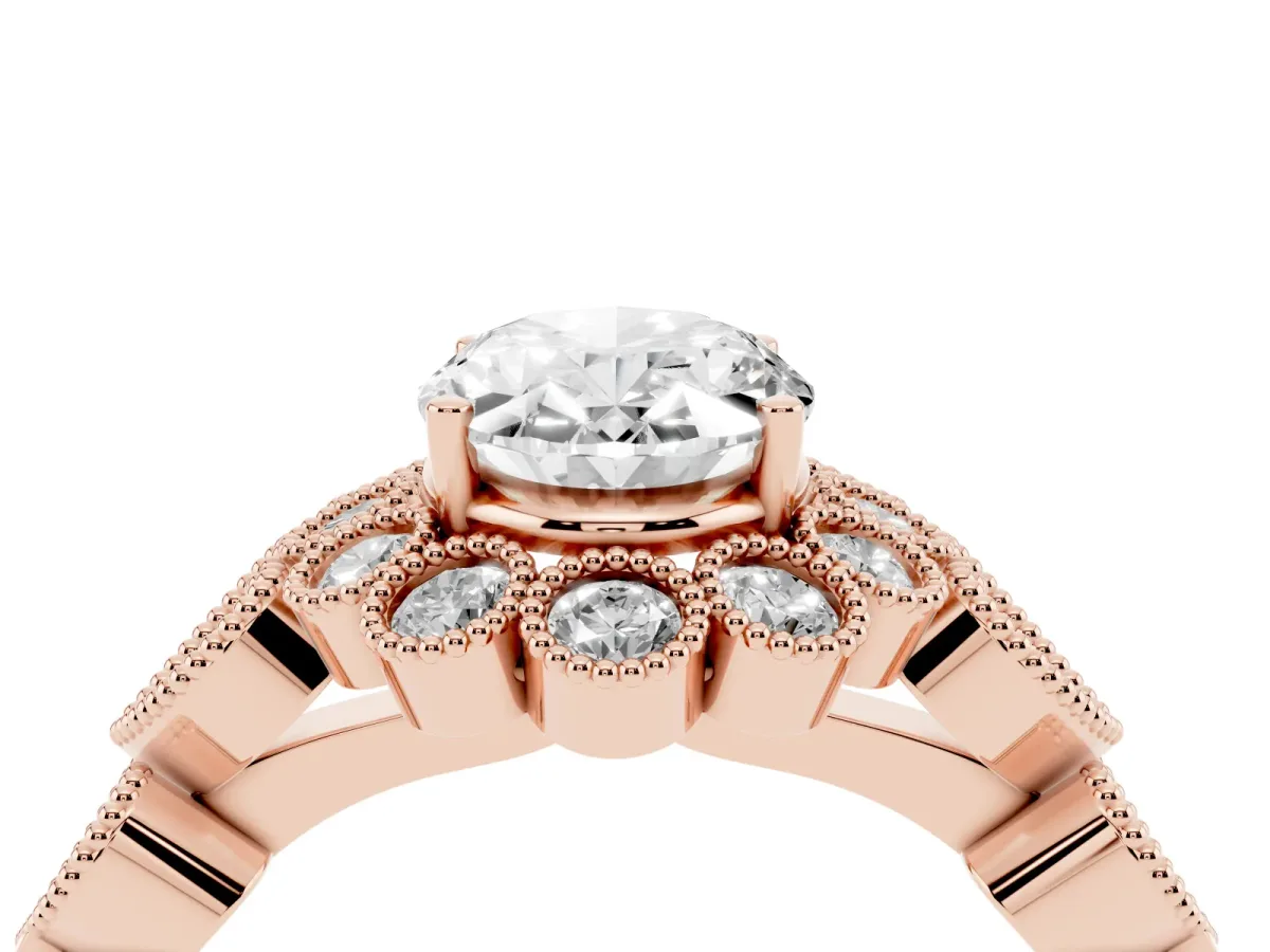 Oval Cut Brilliant Milgrain Pave Heart Band Solitaire Ring Rose gold
