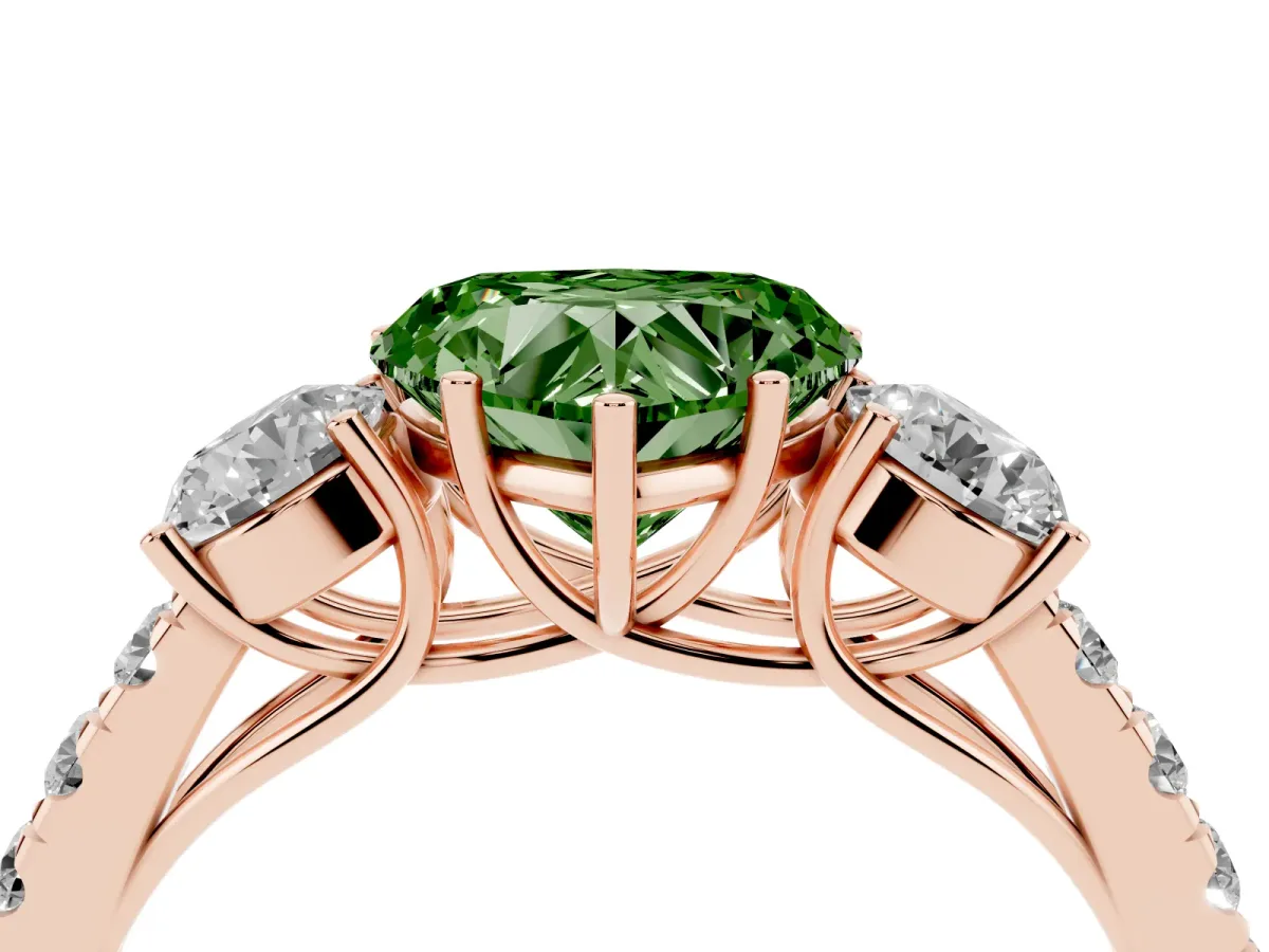 Fancy Green Heart Cut Cut Diamond Three-Stone Ring with Round Side Stones and Pavé Band Rose gold