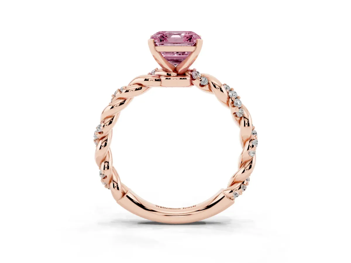 Fancy Pink Asscher Cut Diamond Solitaire Ring with Twisted Band and Pavé Accents Rose gold