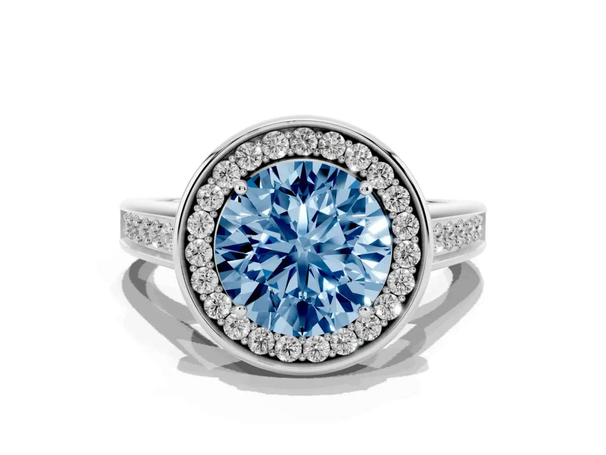 Fancy Blue Round Cut Halo Solitaire Diamond Ring with Pave Band and Bezel Setting Silver