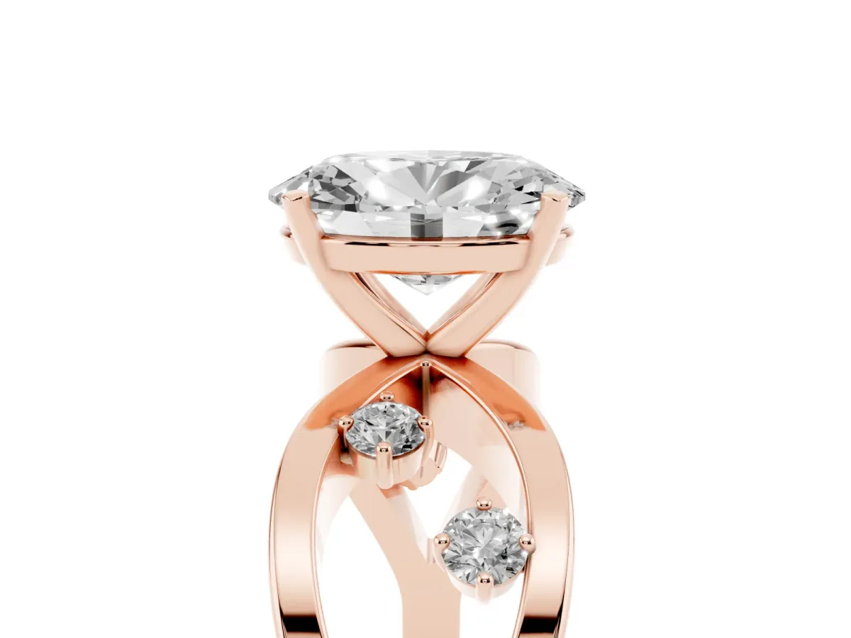 Oval Cut Cut Solitaire Diamond with Side Stones on Criss-Cross Band and Four-Prong Setting Rose gold