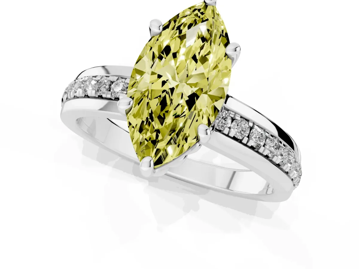 Fancy Yellow Marquise Cut Solitaire Diamond Ring with Channel Set Band and Six-Prong Setting White gold