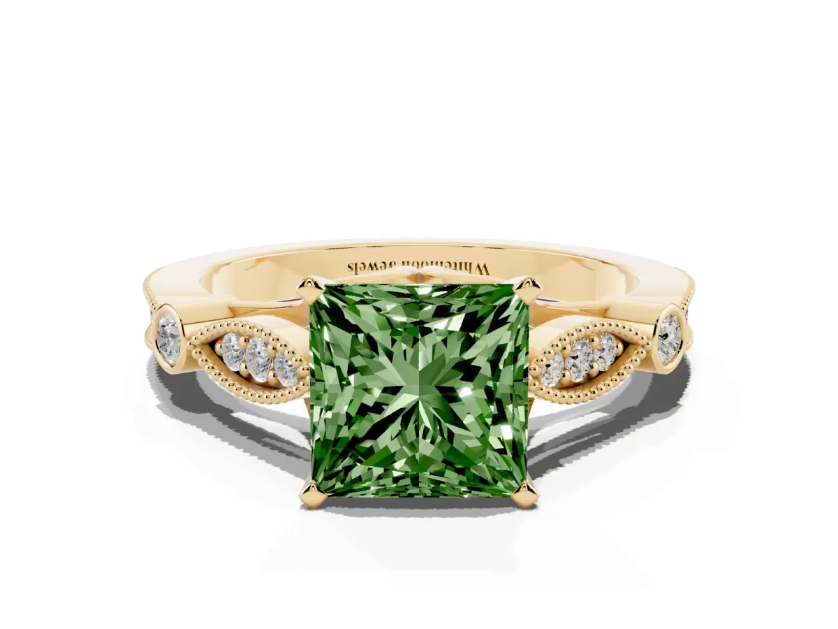 Fancy Green Princess Cut Cut Diamond with Milgrain Marquise and Bezel Accents on a Solitaire Band with Prong Setting Yellow gold