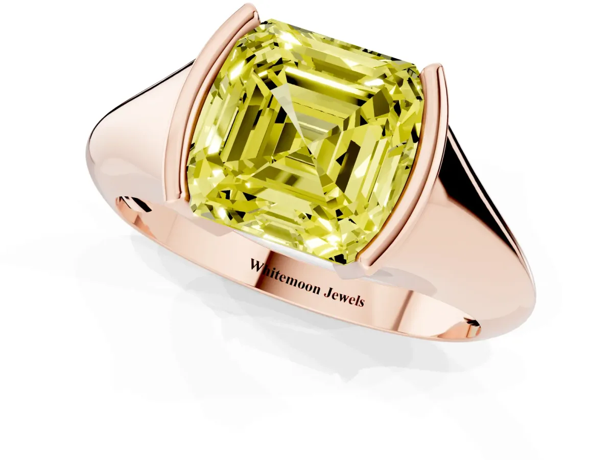Fancy Yellow Asscher Cut Solitaire Tension Set Diamond Ring Rose gold