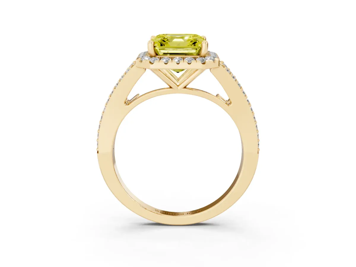 Fancy Yellow Asscher Cut Halo Split Shank Diamond Ring with Prong Setting Yellow gold
