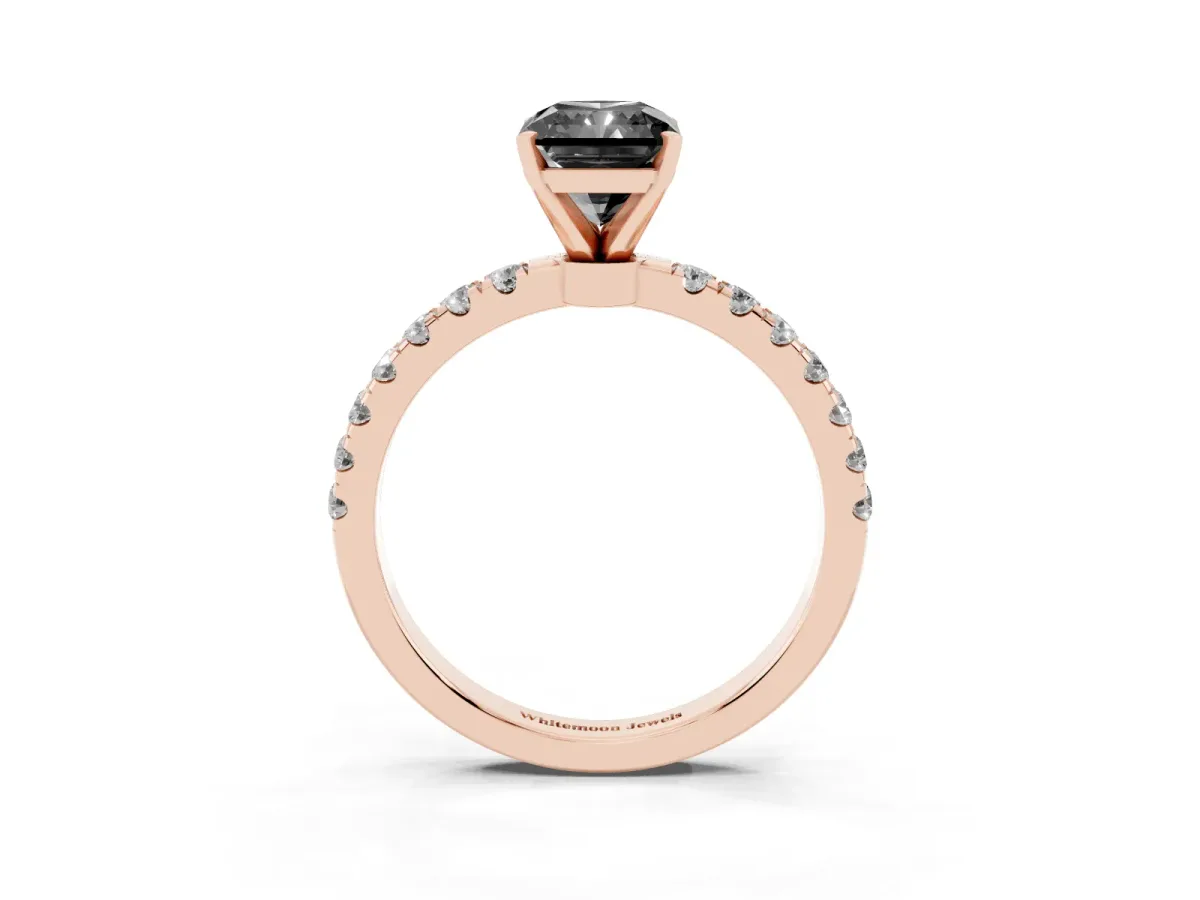 Fancy Black Radiant Cut Diamond Solitaire Ring with Pavé Accents and Four-Prong Setting Rose gold