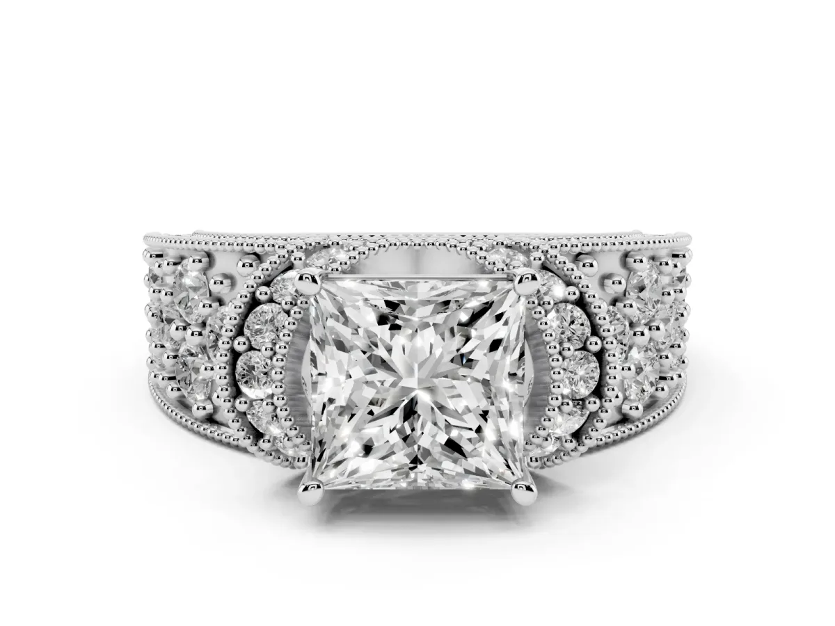 Princess Cut Halo Pave Diamond Engagement Ring with Milgrain Detailing Silver