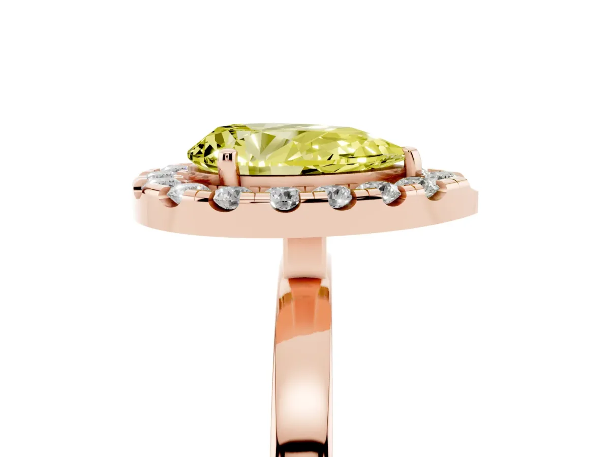 Fancy Yellow Pear Cut Halo Diamond Solitaire with Pavé Band and Four-Prong Setting Rose gold