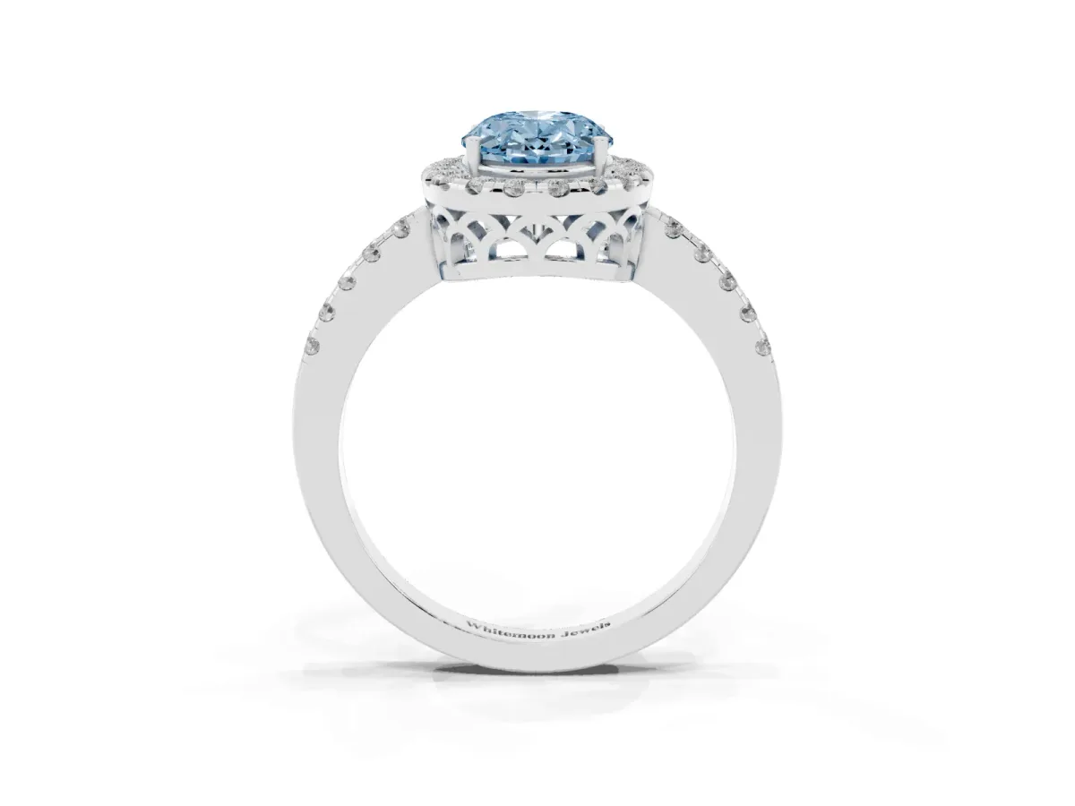 Fancy Blue Oval Cut Halo Diamond Engagement Ring with Pavé Band and Four-Prong Setting White gold