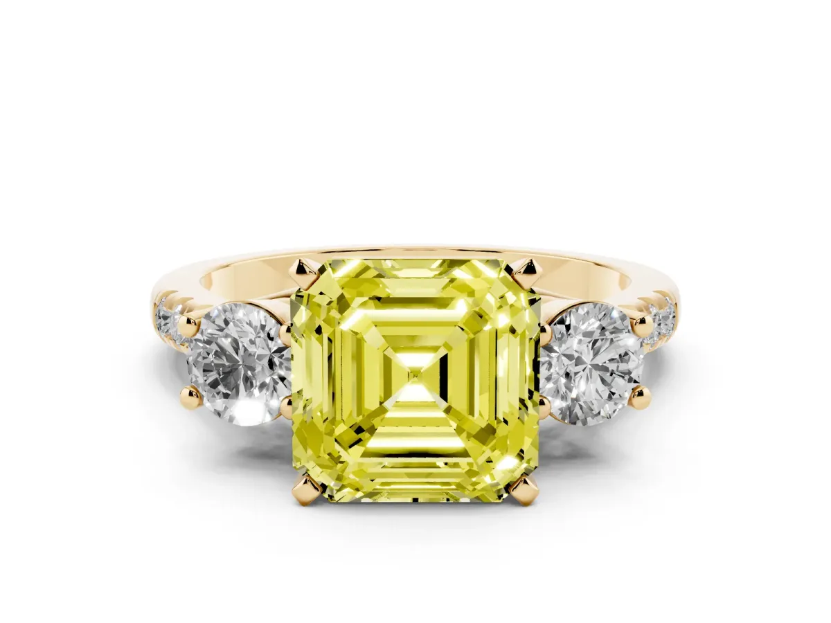 Fancy Yellow Three-Stone Asscher Cut Diamond Pavé Band with Four-Prong Setting Yellow gold
