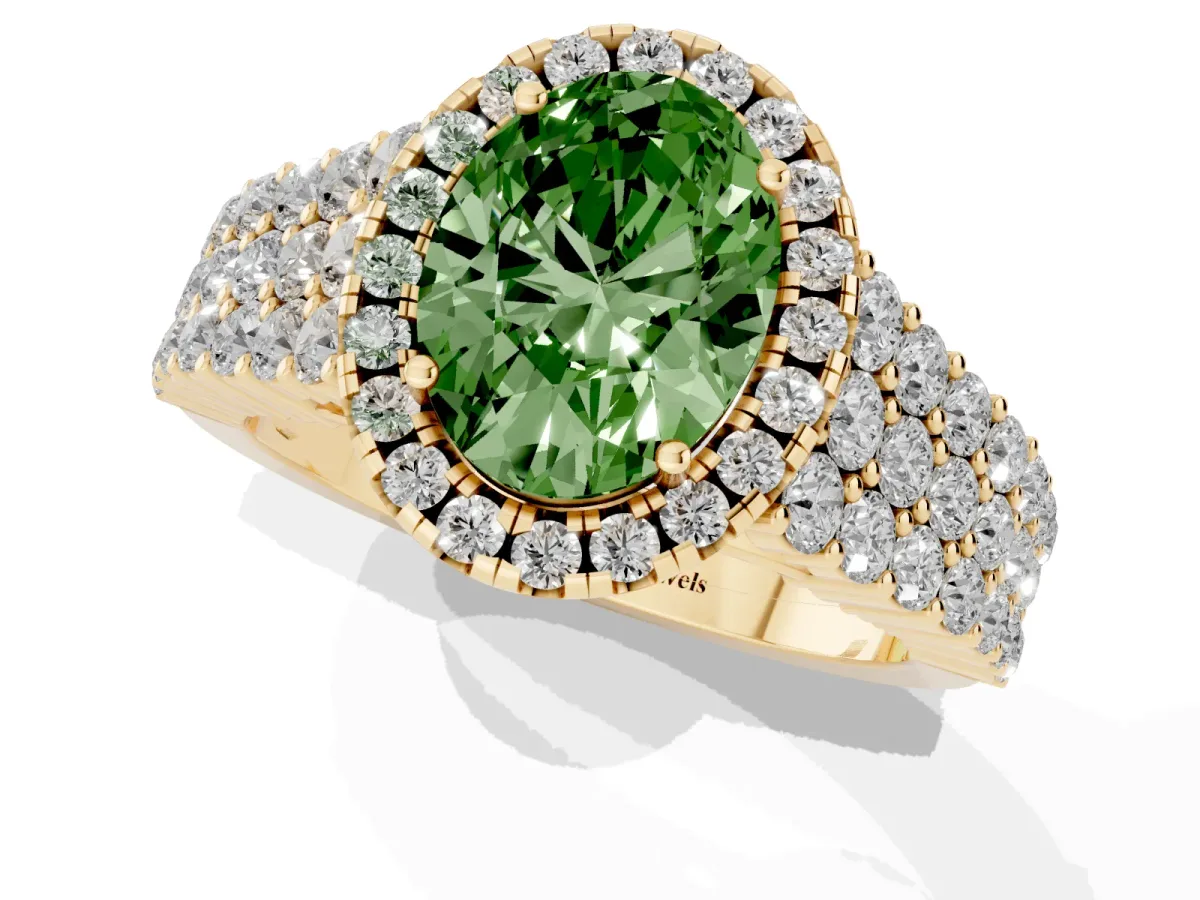 Fancy Green Oval Cut Diamond Halo Engagement Ring with Triple Row Round Pavé Band and Prong Setting Yellow gold