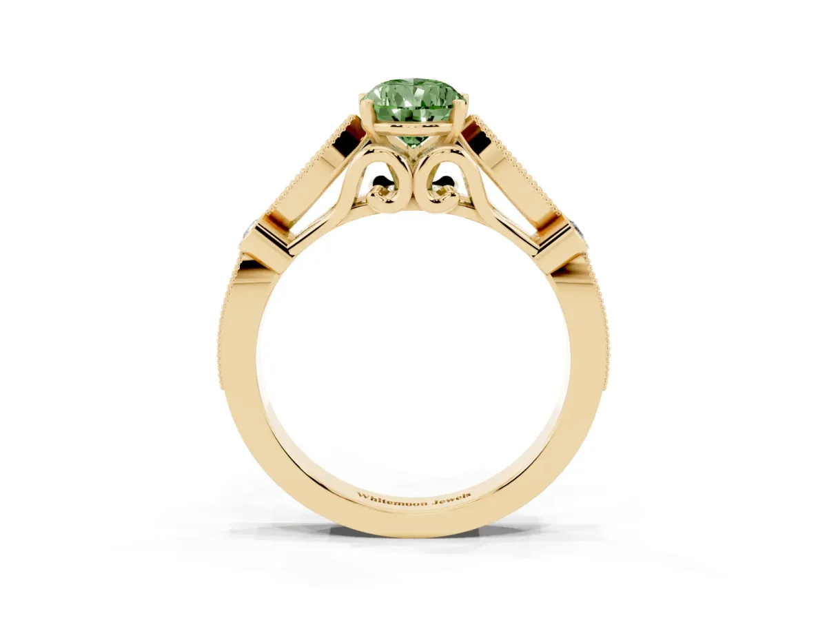 Fancy Green Pear Cut Cut Diamond with Milgrain Marquise and Bezel Accents on a Solitaire Band with Prong Setting Yellow gold