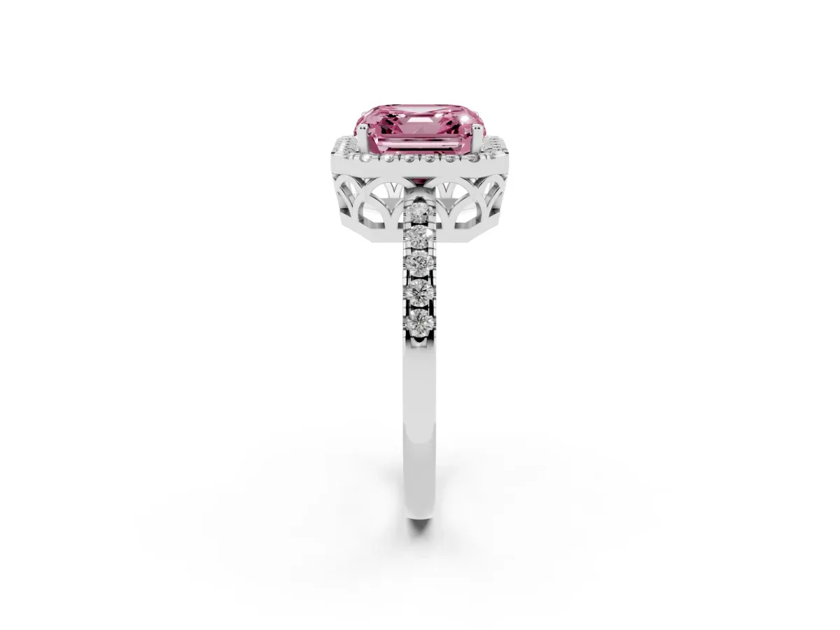 Fancy Pink Asscher Cut Halo Diamond Engagement Ring with Pavé Band and Four-Prong Setting Platinum