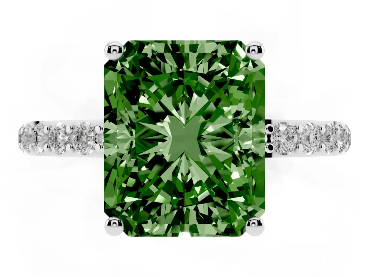 Fancy Green Radiant Cut Diamond Solitaire Ring with Round Pavé Shoulders and Prong Setting Silver
