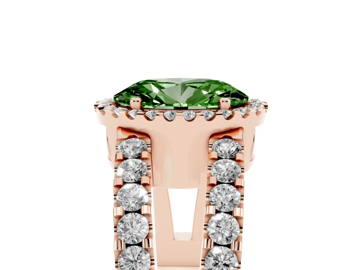 Fancy Green Oval Cut Cut Halo Split Shank Diamond Ring with Four-Prong Setting Rose gold