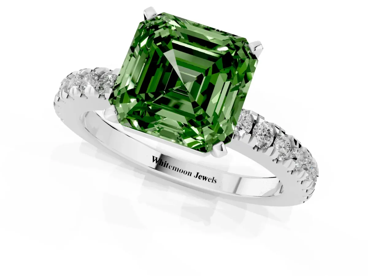 Fancy Green Asscher Cut Solitaire Diamond with Pavé Band and Four-Prong Setting White gold