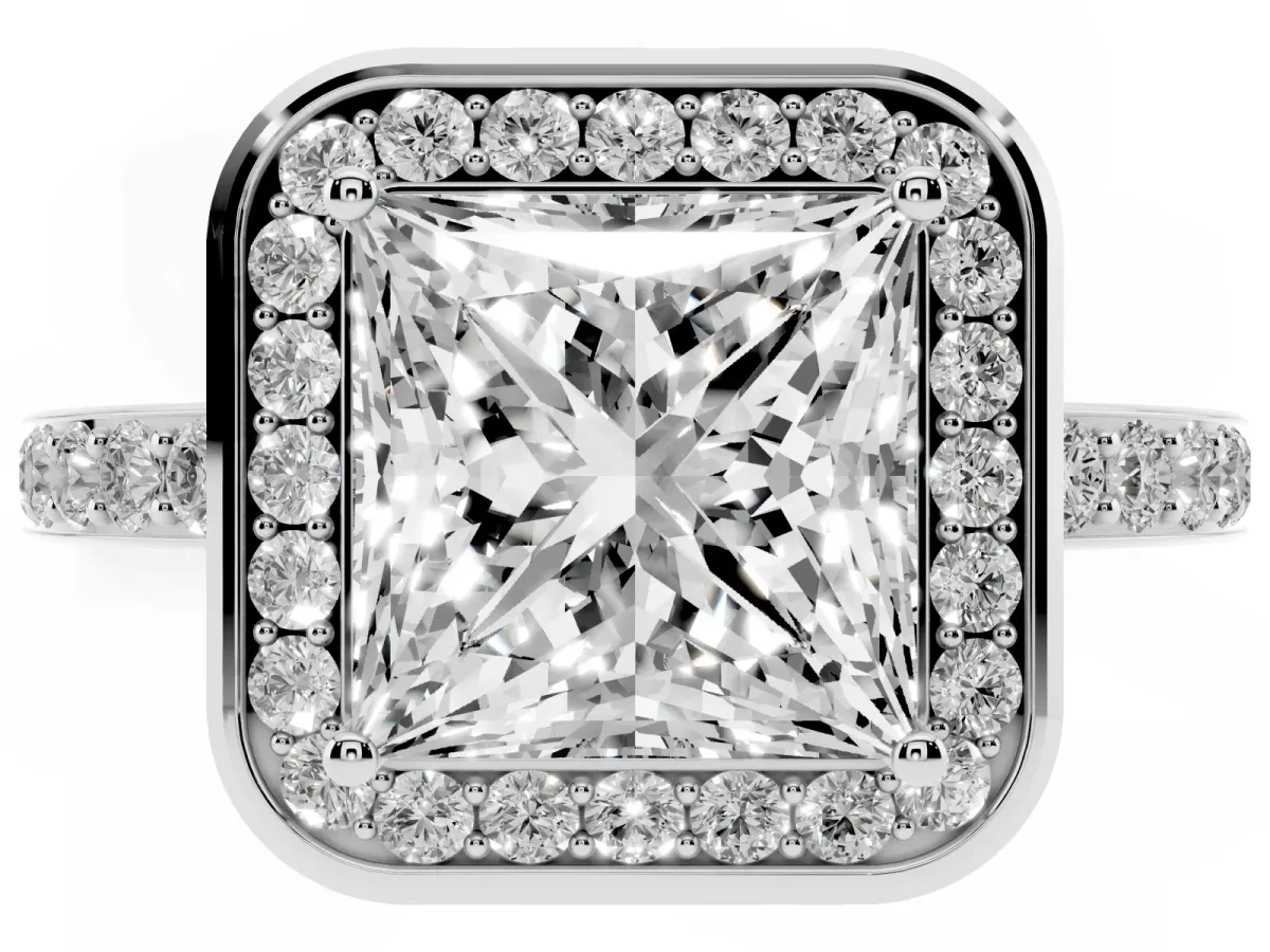 Princess Cut Diamond Halo Ring with Bezel Frame and Pavé Band Silver