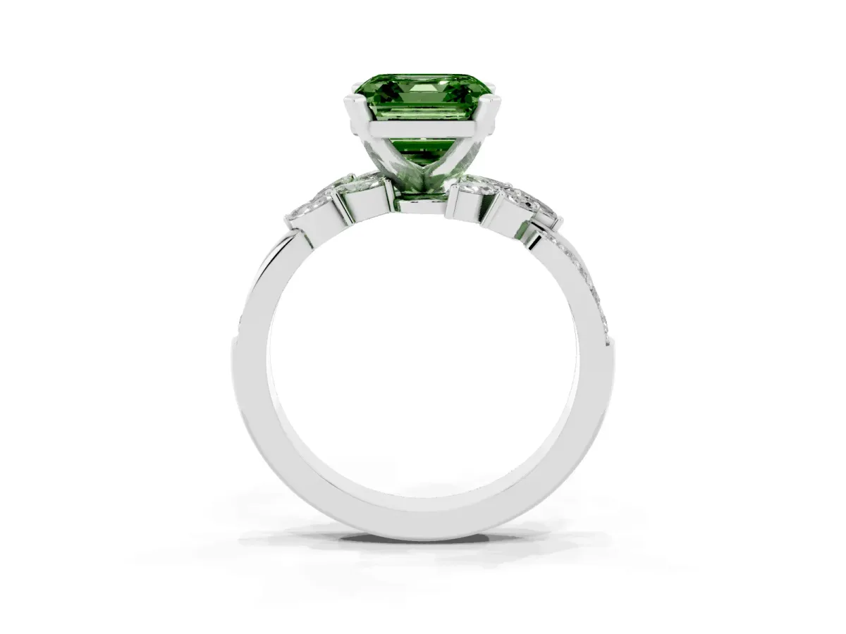 Fancy Green Asscher Cut Solitaire Marquise Twist Band with Six-Prong Setting Silver