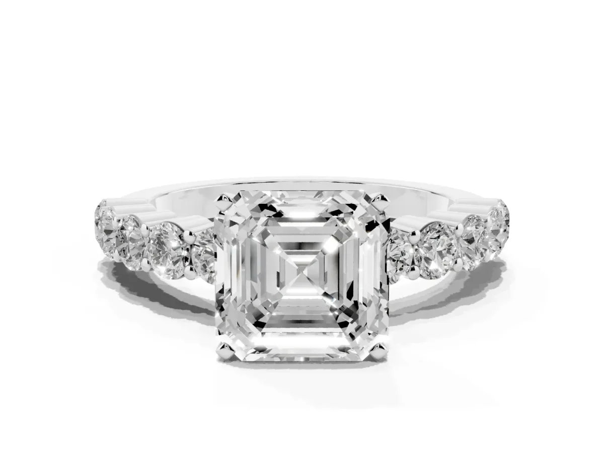 Asscher Cut Diamond Solitaire Ring with Shared Prong Round Side Stones Silver