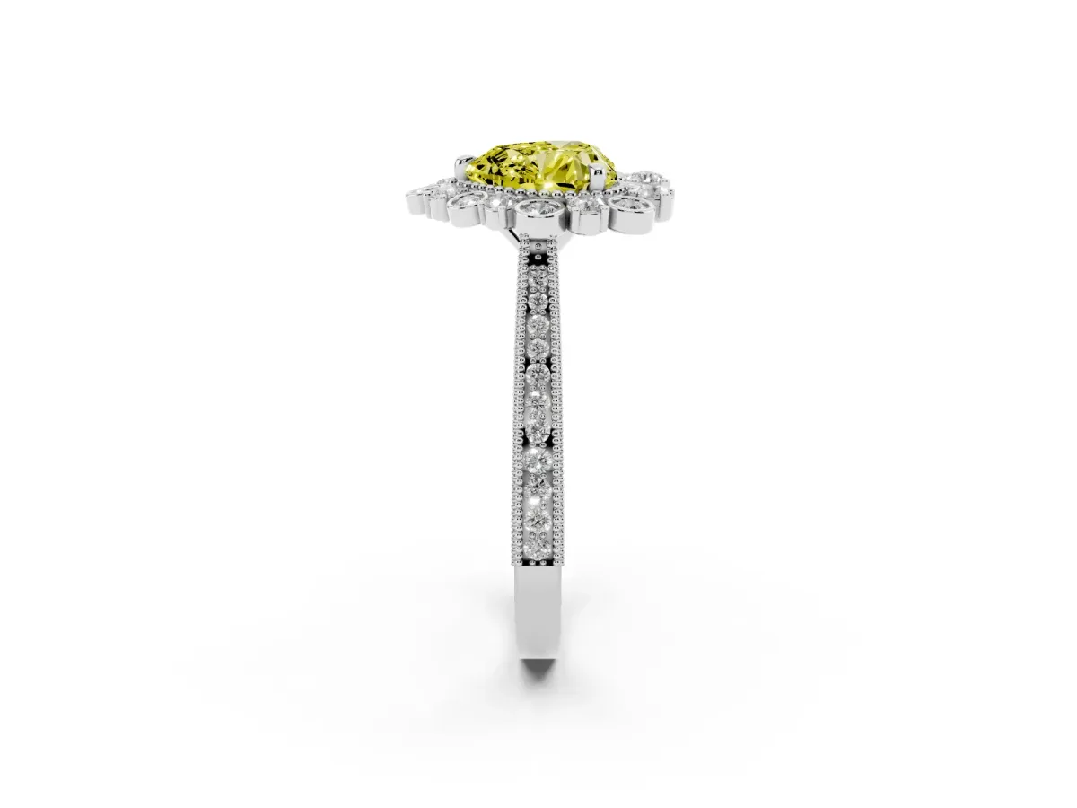 Fancy Yellow Heart Cut Halo Milgrain Pave Diamond Ring with Four-Prong Setting Silver