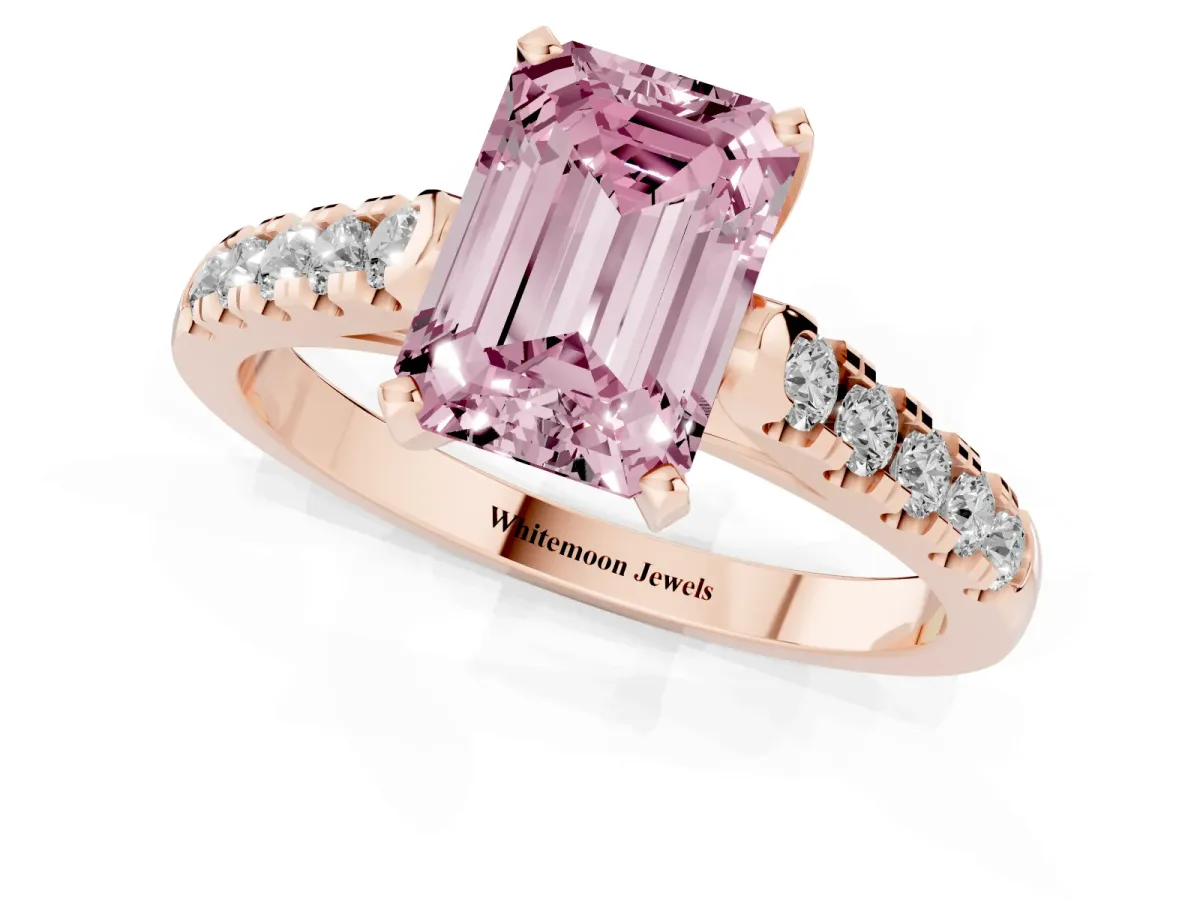 Fancy Pink Emerald Cut Diamond Pavé Band Solitaire Ring with Prong Setting Rose gold
