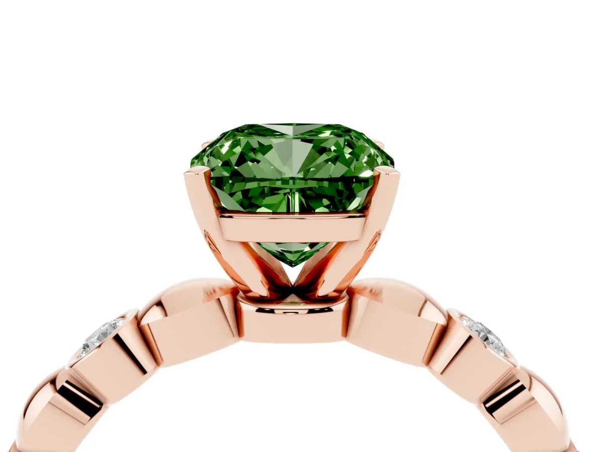 Fancy Green Cushion Cut Solitaire Bezel-Set Diamond Ring with Beaded Band and Four-Prong Setting Rose gold