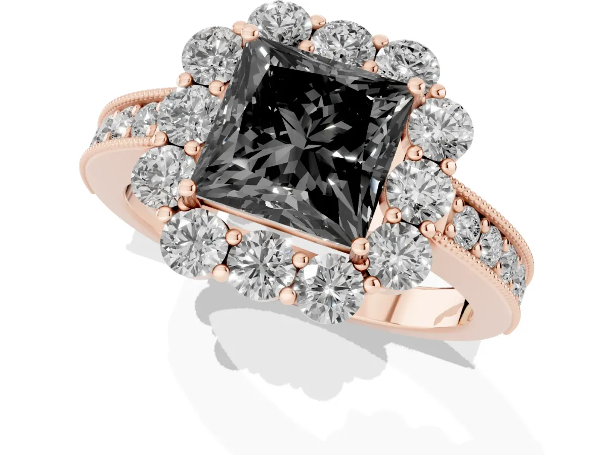Fancy Black Princess Cut Cut Halo Diamond Pavé Engagement Ring with Milgrain Detailing Rose gold