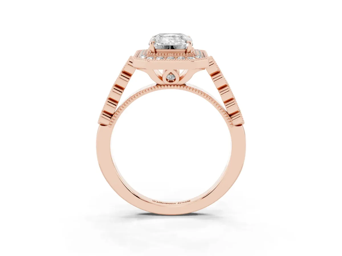 Emerald Cut Halo Milgrain Solitaire with Bezel Set Side Stones and Pave Band Rose gold