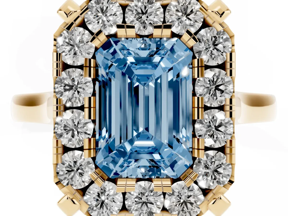 Fancy Blue Emerald Cut Diamond Cluster Halo Solitaire with Four-Prong Setting Yellow gold
