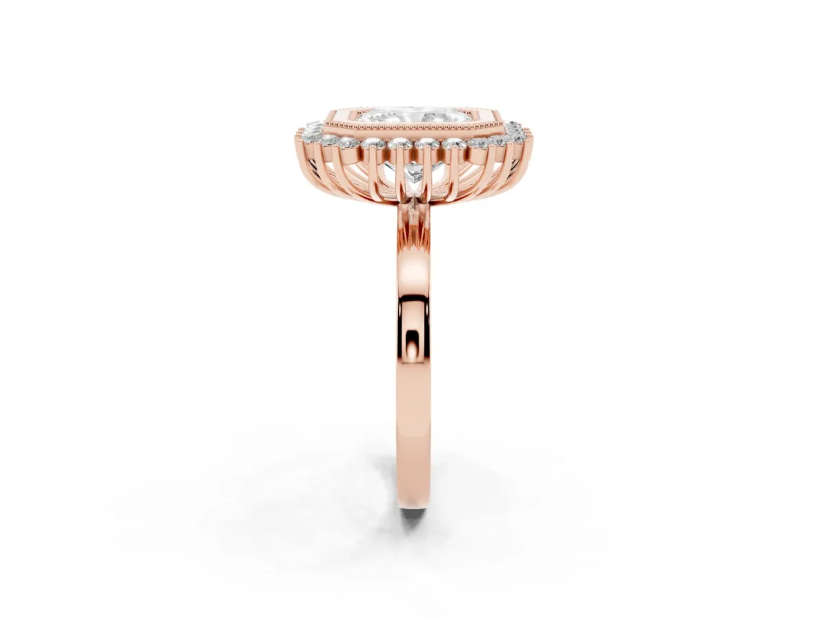 Radiant Cut Halo Diamond Ring with Milgrain Edge and Round Prong Setting Rose gold