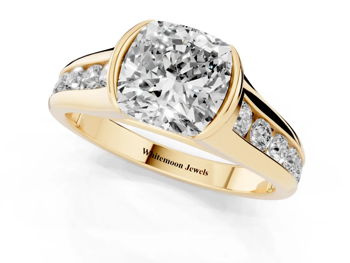 Cushion Cut Solitaire Bezel-Set Diamond Ring with Channel-Set Band Yellow gold