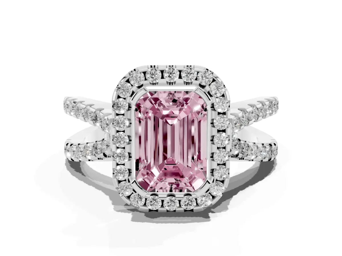 Fancy Pink Emerald Cut Diamond Halo Ring with Split Shank Pavé Band and Prong Setting Silver
